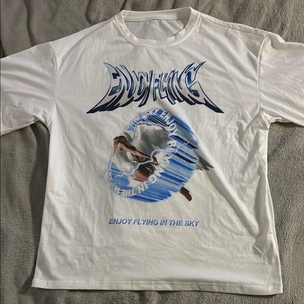 Blue and White Short Sleeve Tee with Angel Graphic